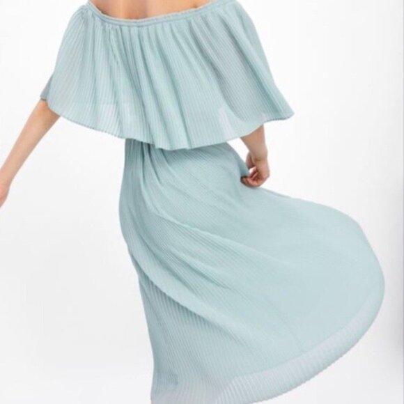 NWT Zara Off the Shoulder Belted Pleated Midi Dress in Mint Green - Picture 3 of 10